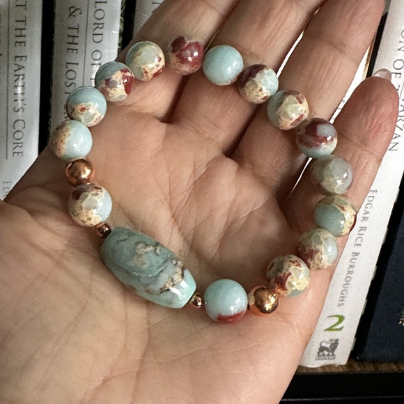 SNAKESKIN ( ICY SKY ) JASPER  NATURAL  BRACELET size 7” - Picture 5 of 9